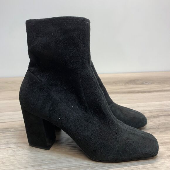 PRADA Black Italian Suede Leather High Heel Ankle Boots Square Toe EU 38.5 7.5 - Picture 1 of 13